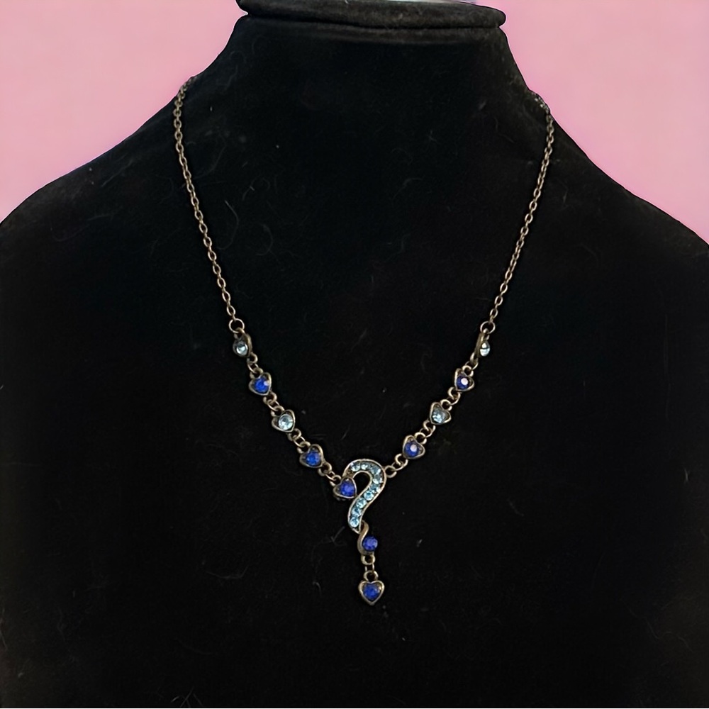 Bronze tone blue rhinestone heart link and question mark necklace